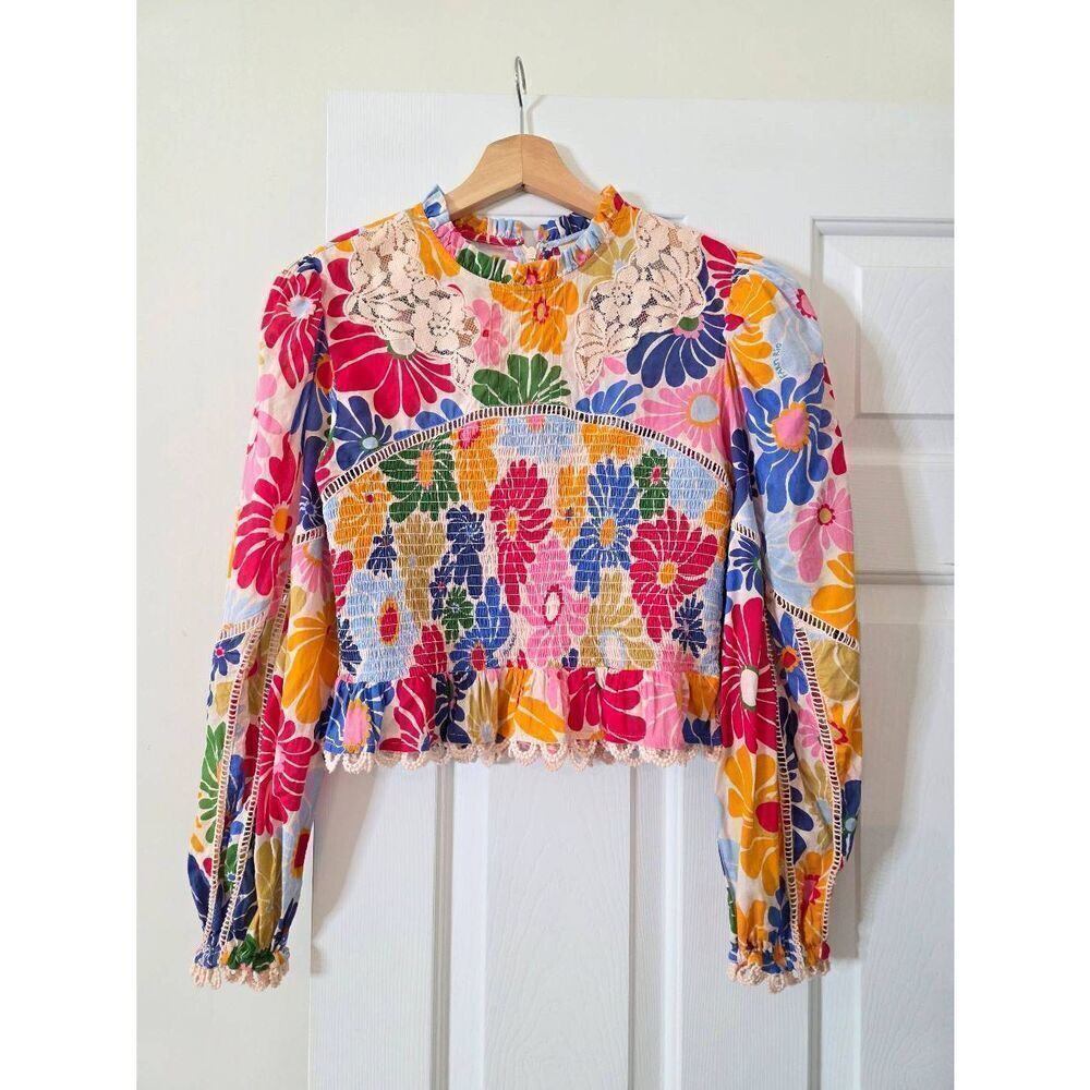 FARM Rio Sunny Daisies Smocked Cotton Peplum Blouse S - Picture 4 of 13